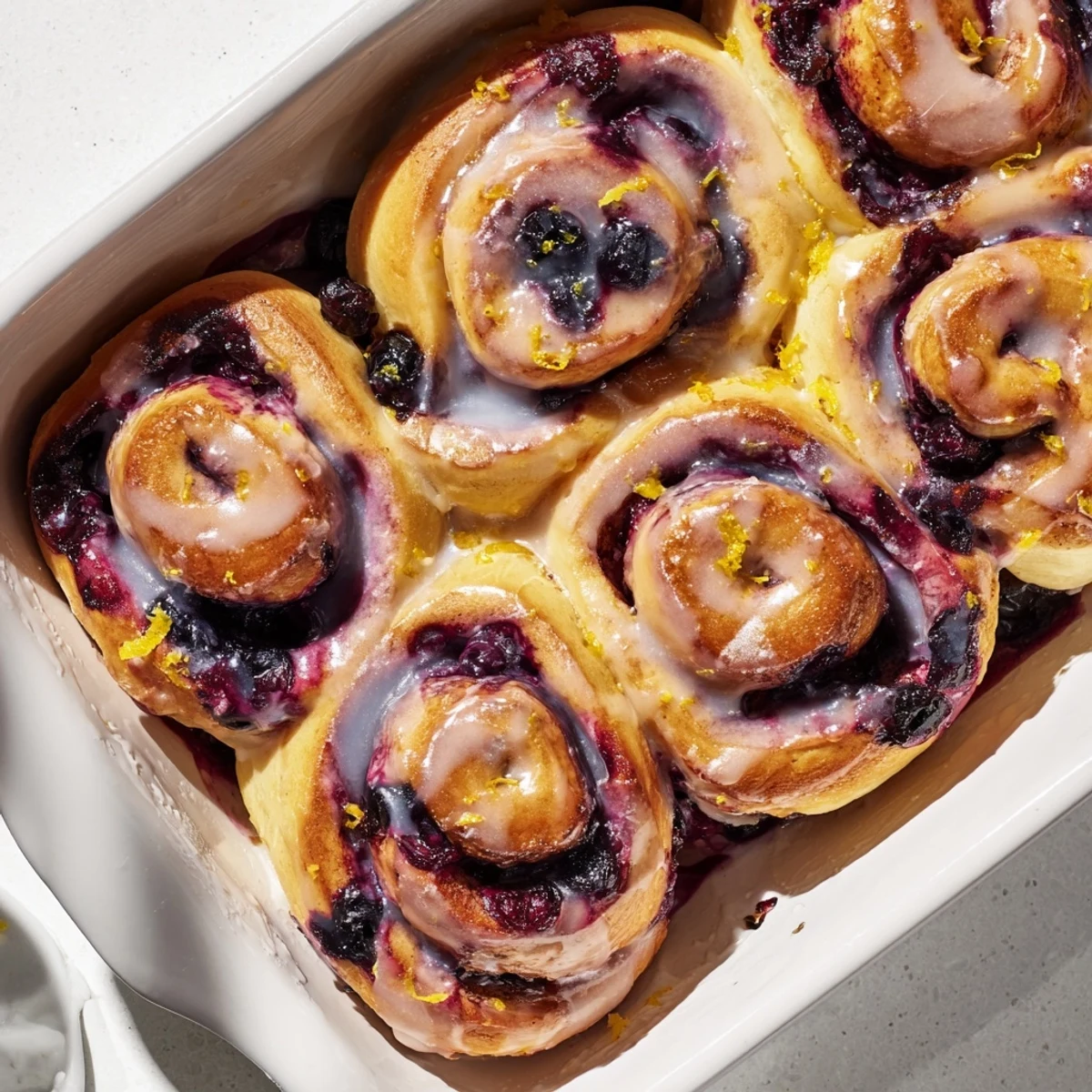 Freshly baked lemon blueberry rolls drizzled with white lemon glaze on a serving plate