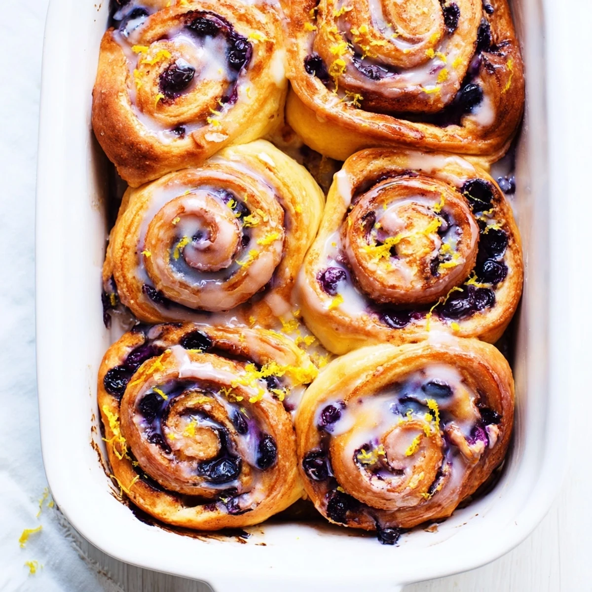 Close up of warm lemon blueberry breakfast rolls topped with zesty powdered sugar icing