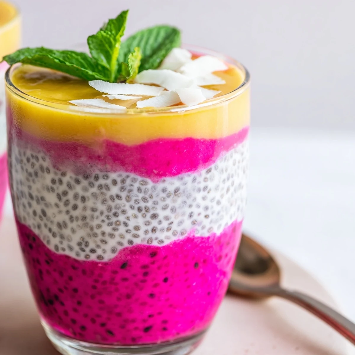 Vibrant layered mango and dragon fruit chia pudding with creamy coconut milk base in glass jars