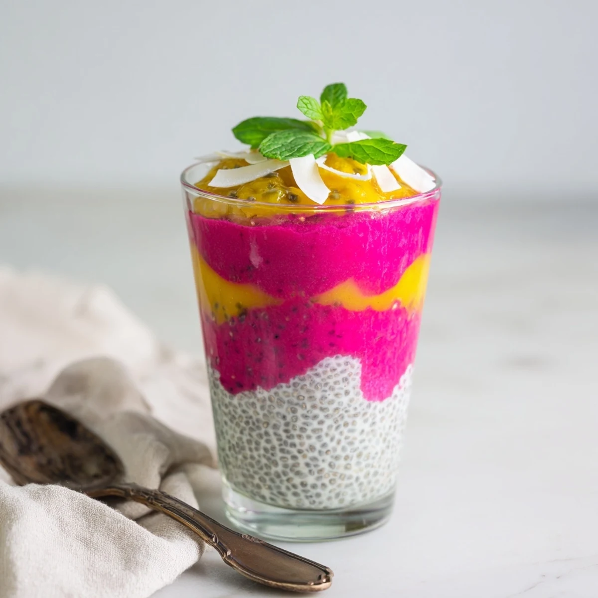 Colorful breakfast glass jar showing creamy mango and dragon fruit chia pudding layers with coconut milk