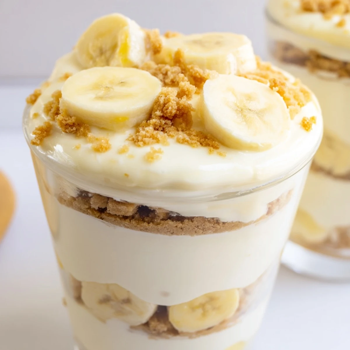 Individual no bake banana pudding cheesecake cups with layers of vanilla crust and fluffy filling