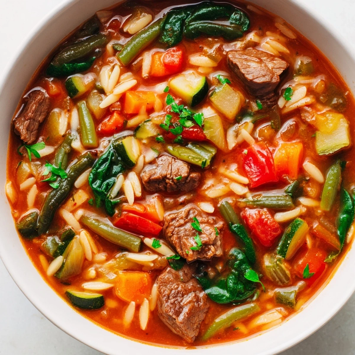 Hearty beef and orzo soup steaming in a rustic bowl with fresh parsley garnish