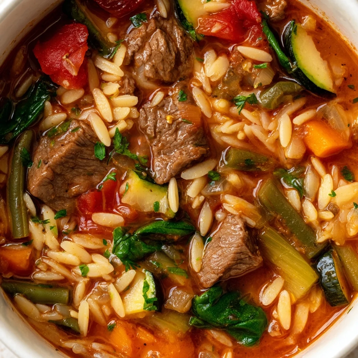 A ladleful of hearty beef and orzo soup showcasing tender meat and colorful vegetables