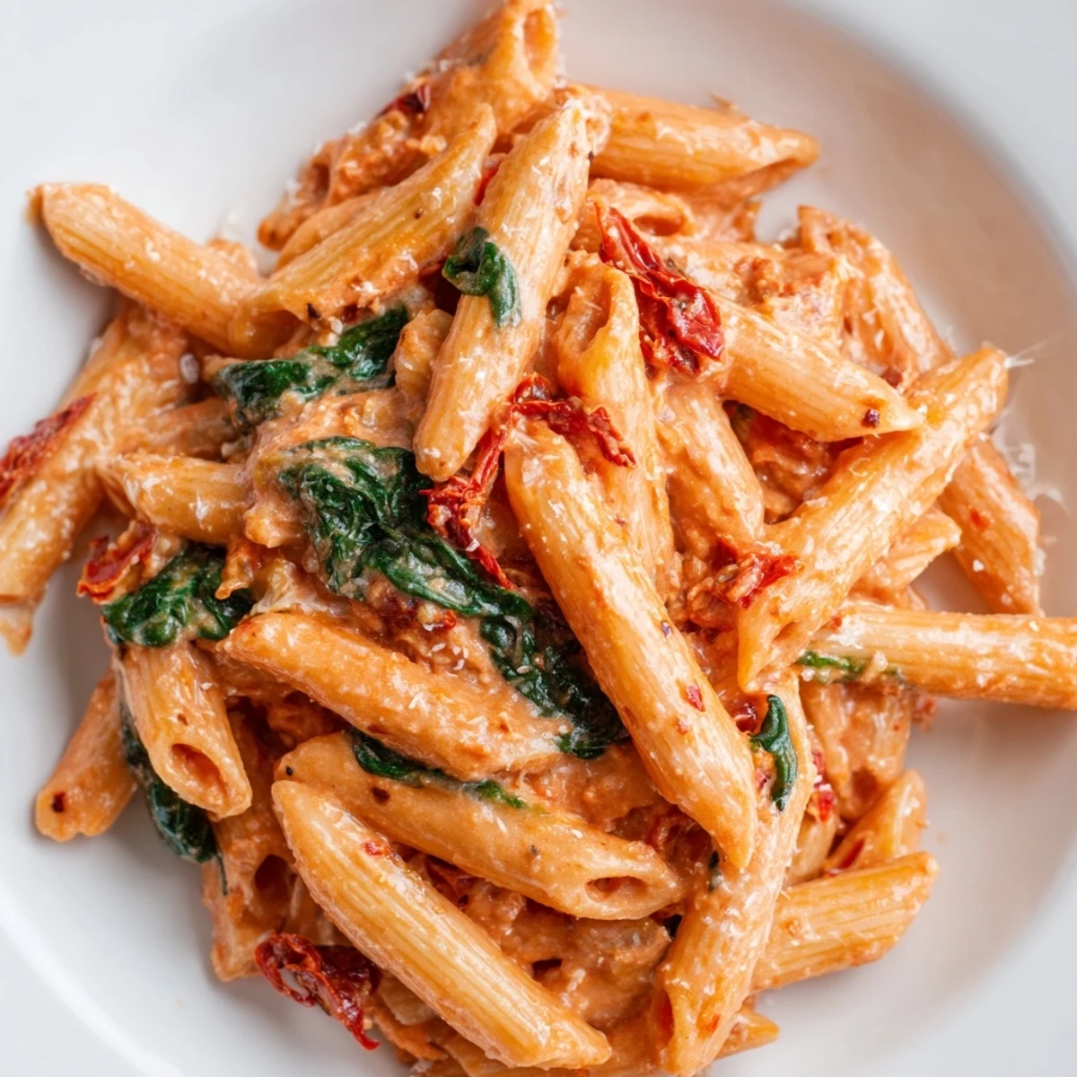 Creamy sun dried tomato spinach pasta in a rustic skillet with vibrant green wilted leaves