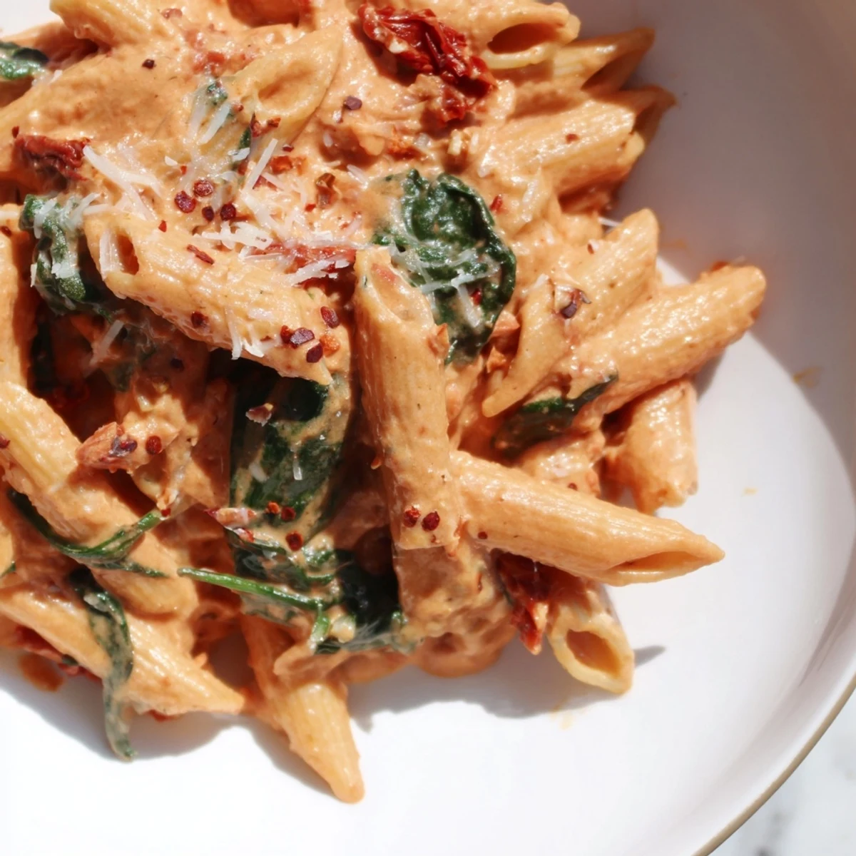 Penne coated in velvety sun dried tomato spinach pasta sauce with parmesan cheese shavings