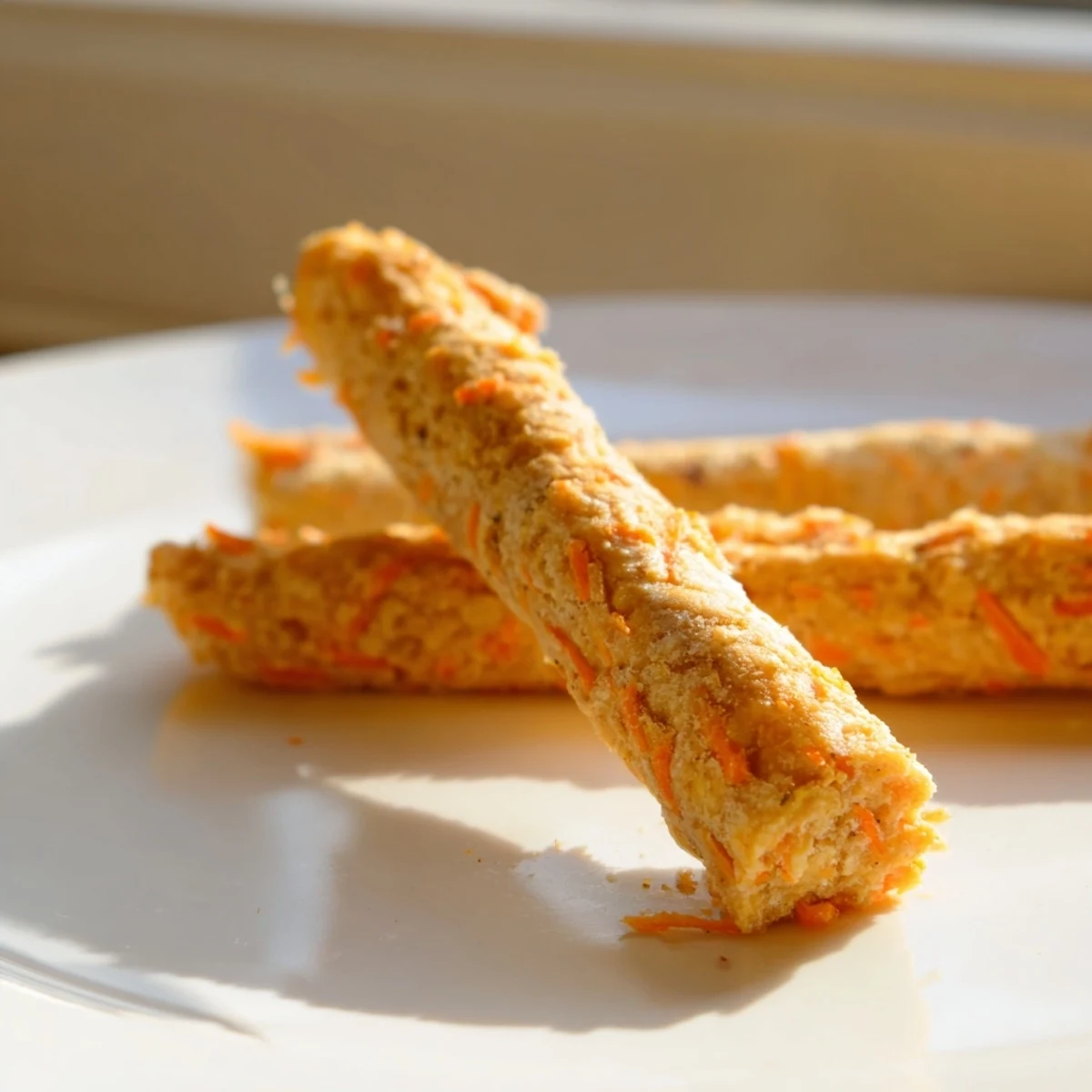 Crunchy apple carrot dog chew sticks baked until firm and ready for happy pups