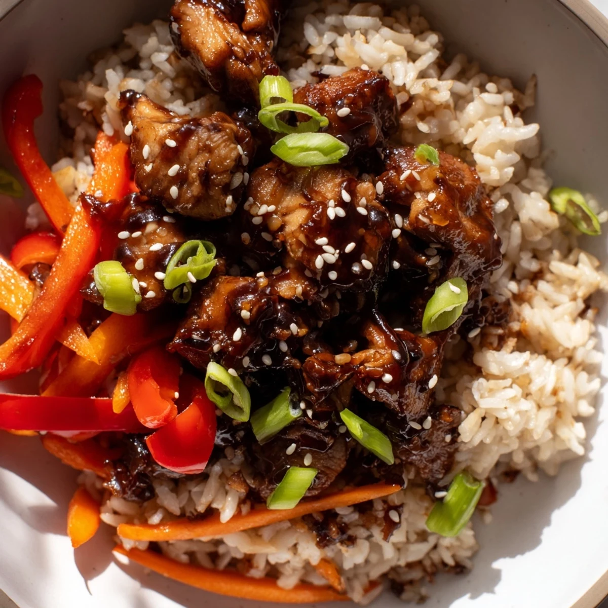 One Pan Korean BBQ Chicken and Rice topped with green onions in cast iron skillet