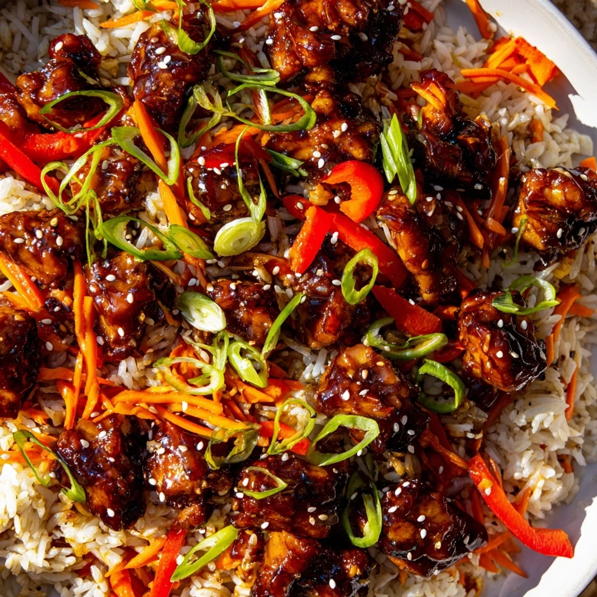 Tender glazed One Pan Korean BBQ Chicken and Rice studded with colorful crisp vegetables
