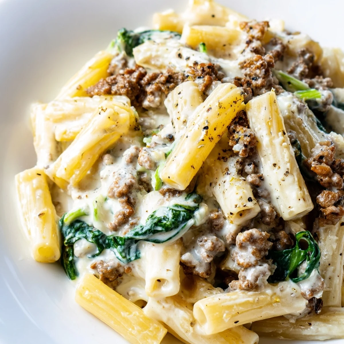 Creamy high protein beef pasta in a white bowl with parmesan and fresh herbs