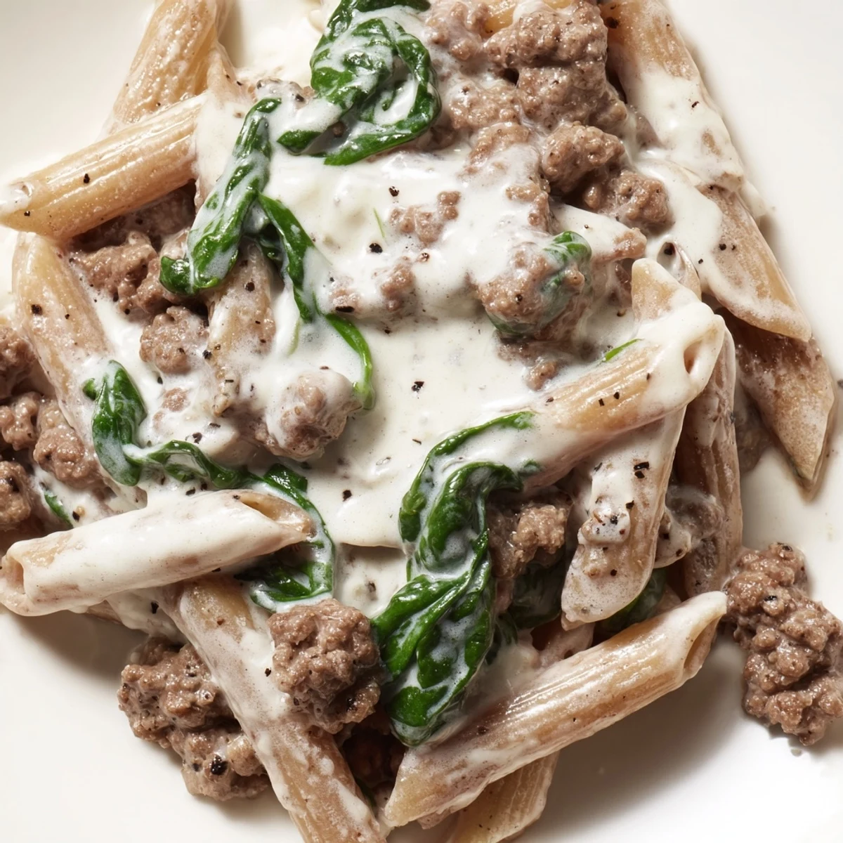 Tender beef and spinach coated in rich sauce over high protein pasta noodles