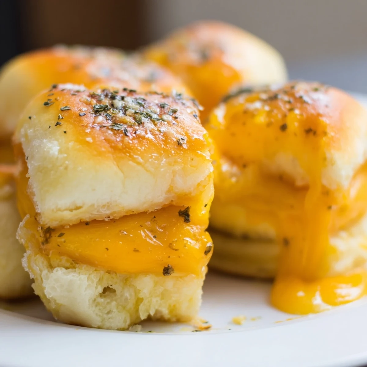 Crispy mini grilled cheese Hawaiian rolls arranged on a platter with gooey melted cheese inside