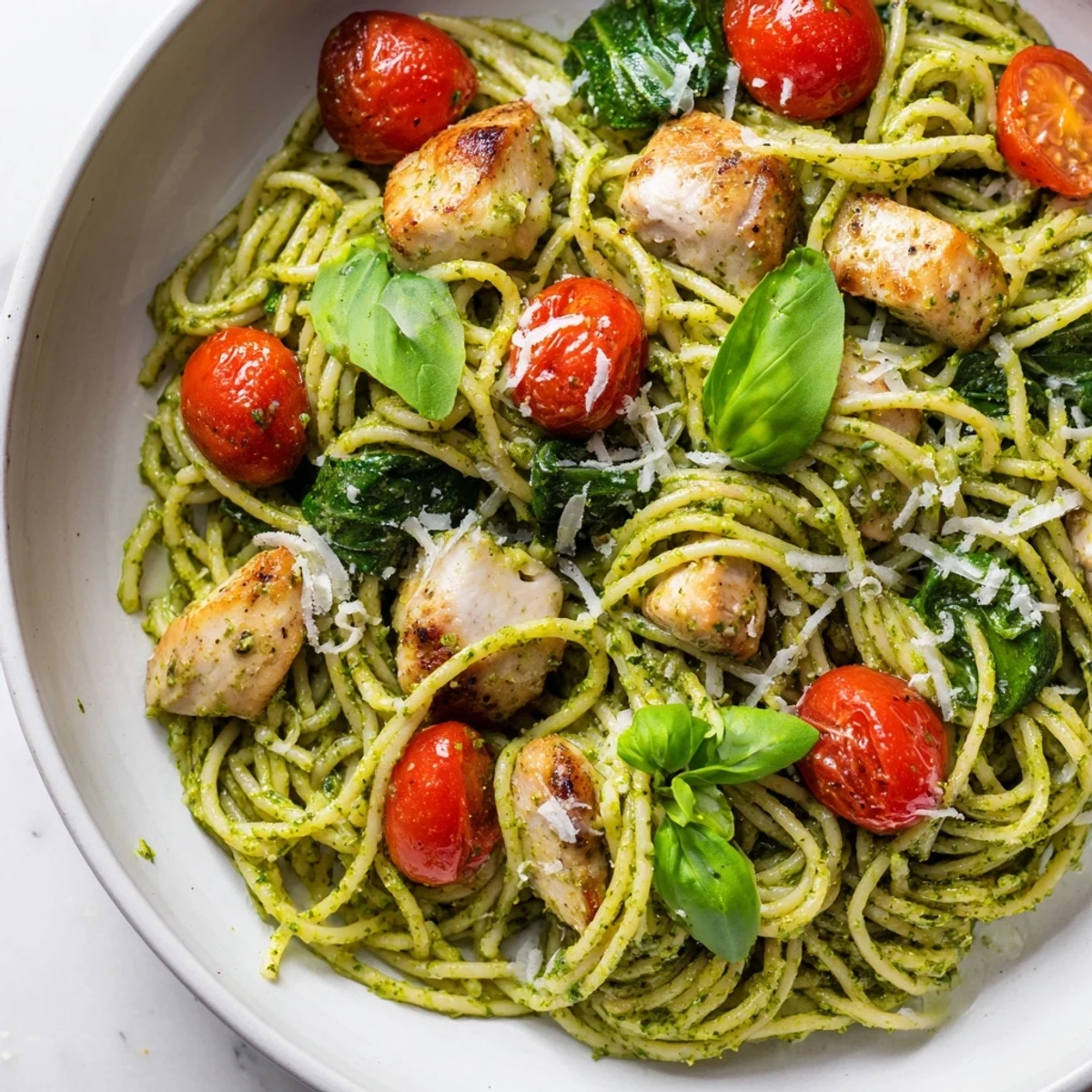Creamy pesto pasta with chicken topped with fresh basil and grated Parmesan cheese