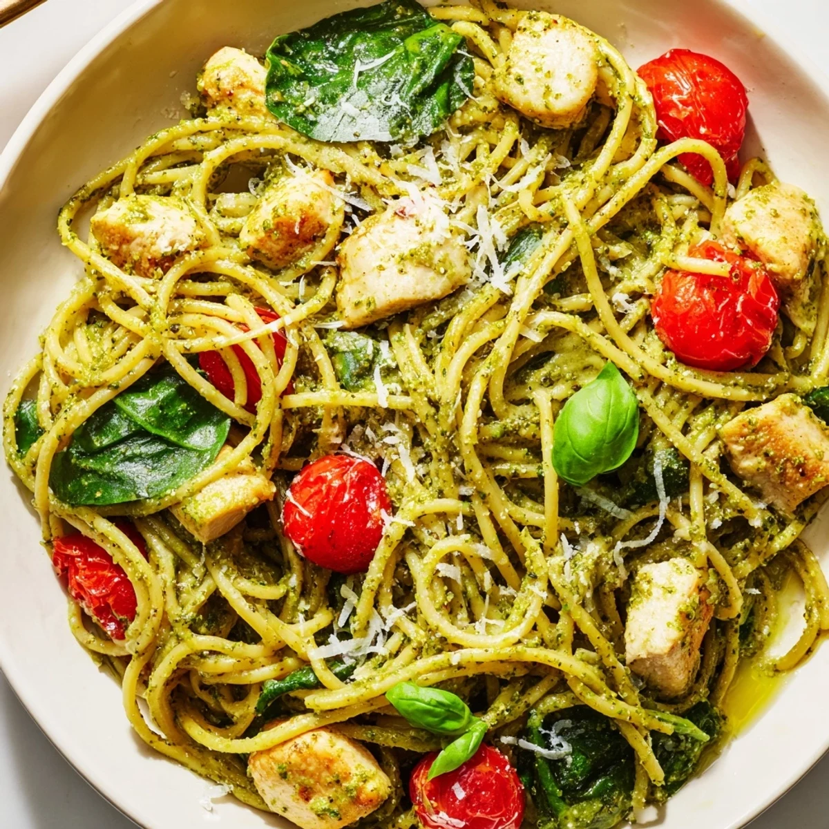 Tender chicken breast pieces tossed with green basil pesto coating al dente spaghetti noodles