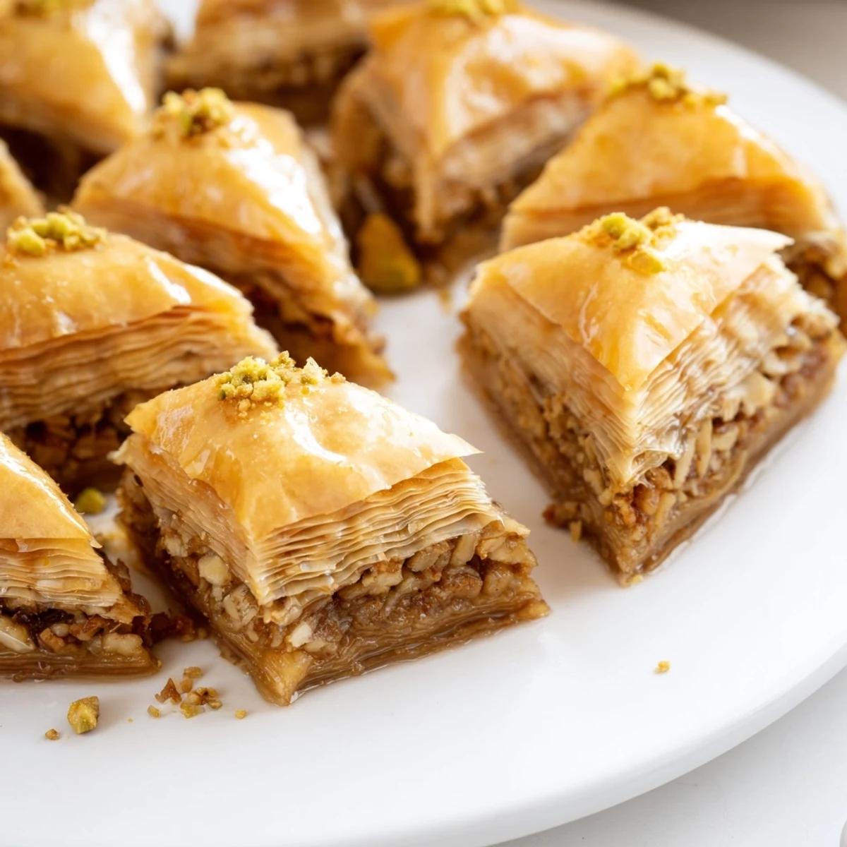 Golden Bosnian baklava diamonds glistening with sweet syrup on a rustic serving plate