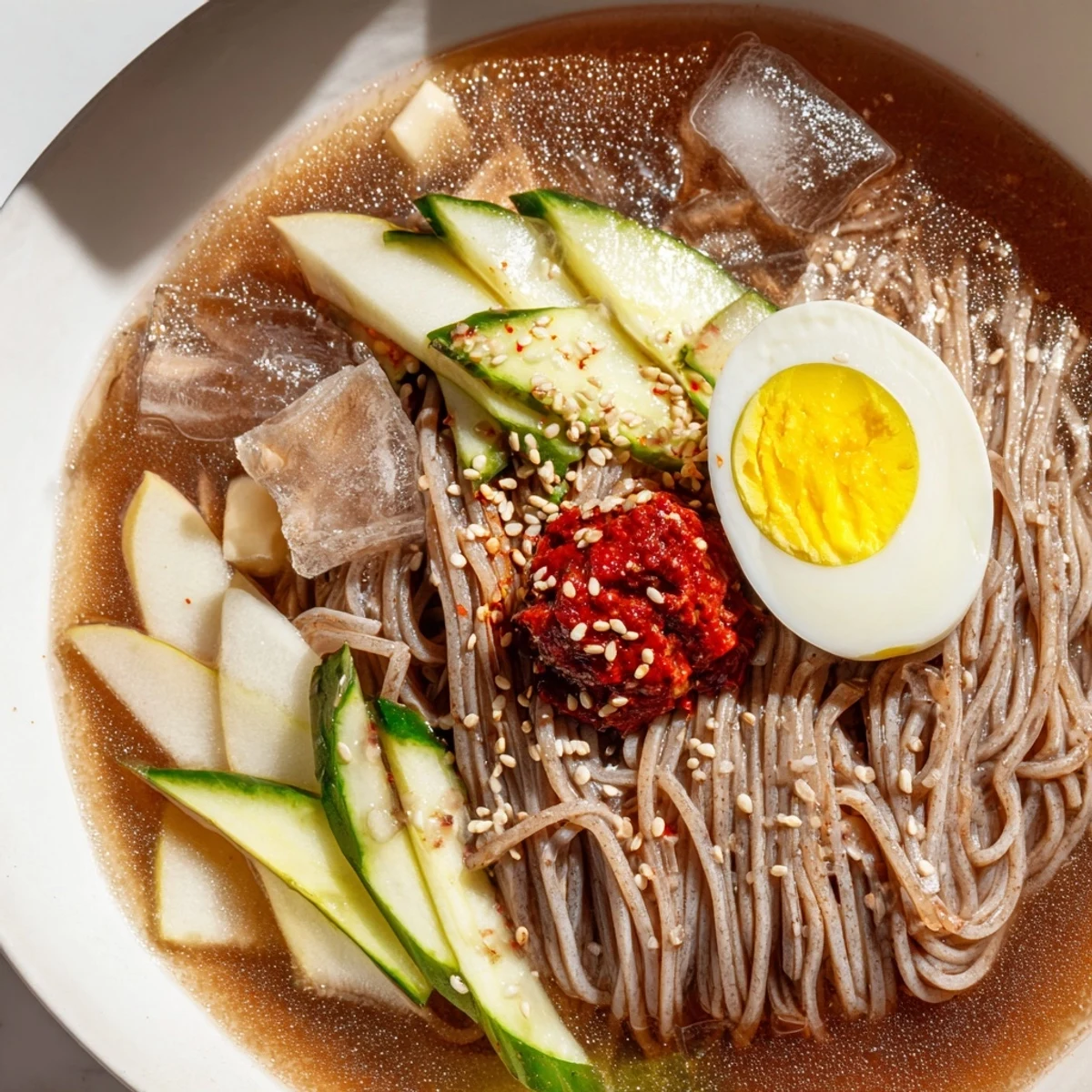 Chewy Korean naengmyeon noodles in icy tangy broth topped with sliced beef and egg