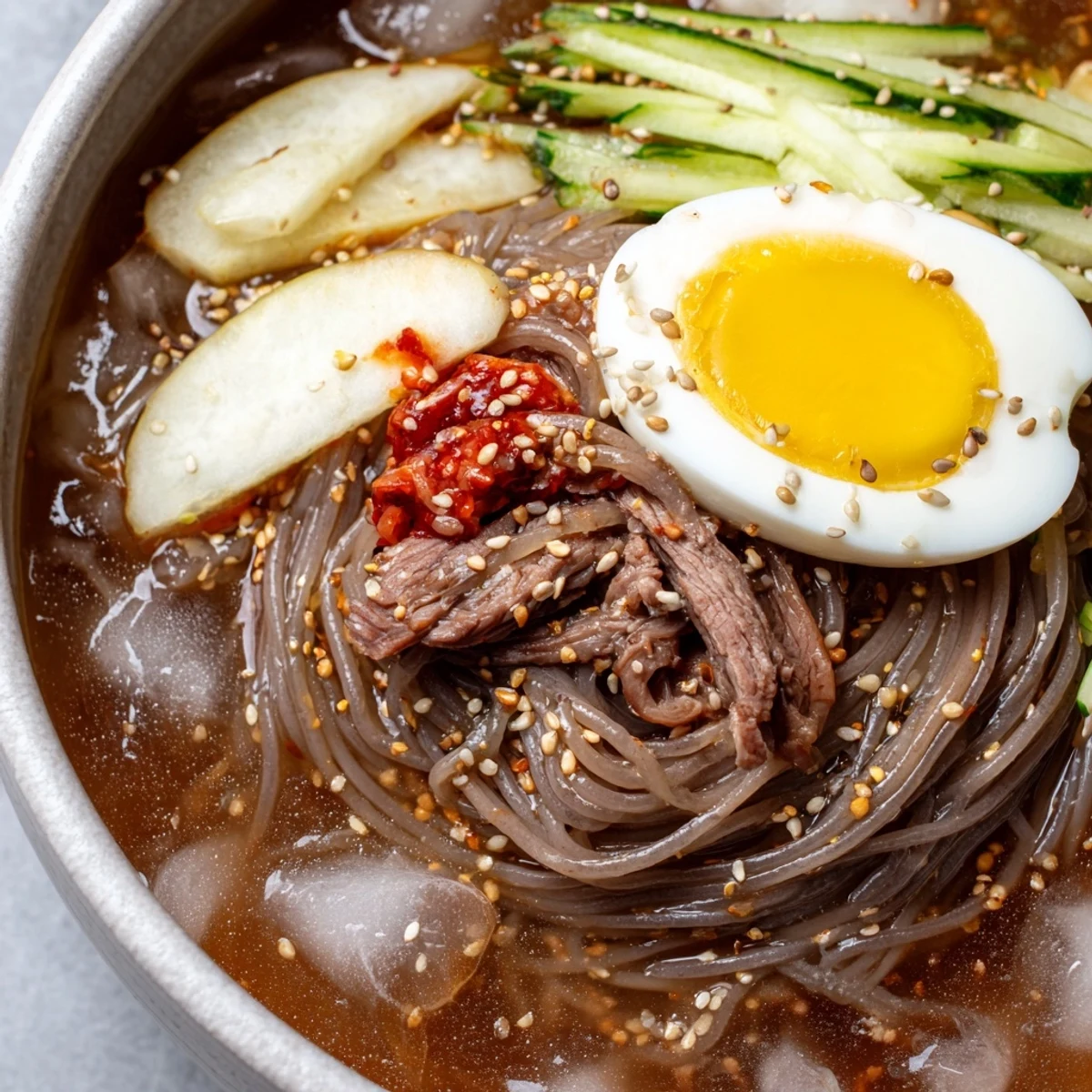 Cold Korean naengmyeon served in a chilled bowl with crisp cucumber and Asian pear