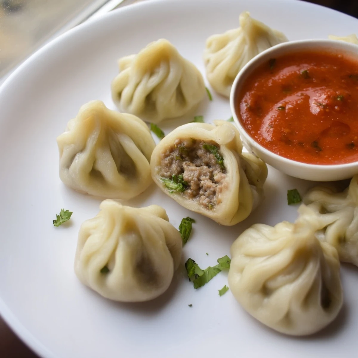 Steamed Nepali momo dumplings arranged on a bamboo tray with spicy tomato dipping sauce