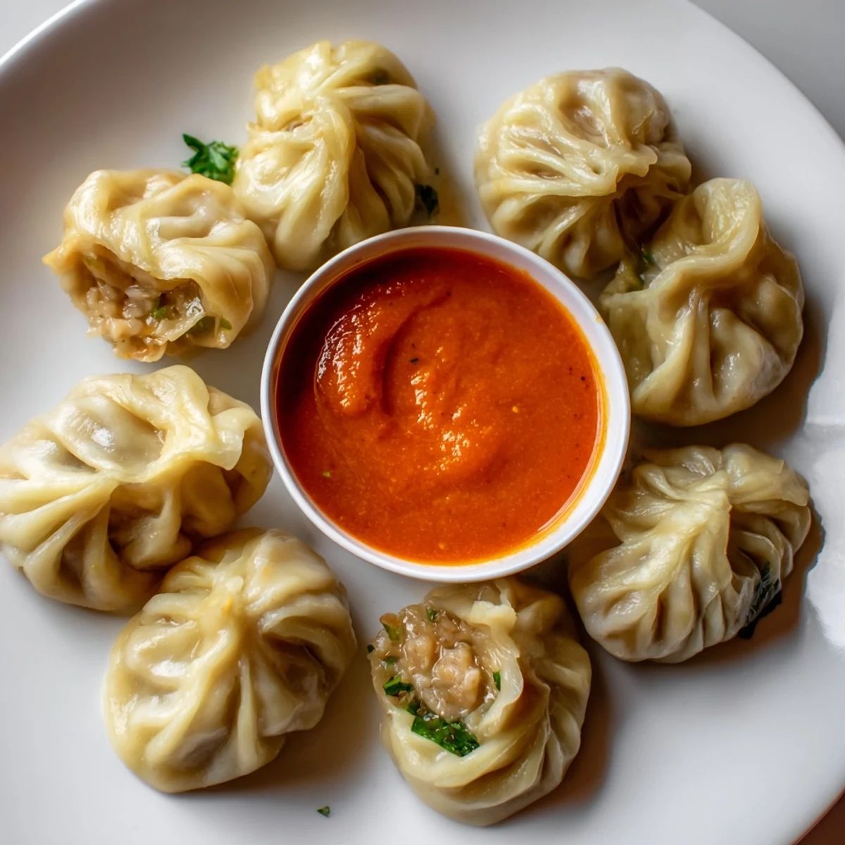 Golden steamer basket filled with freshly made Nepali momo dumplings garnished with fresh cilantro