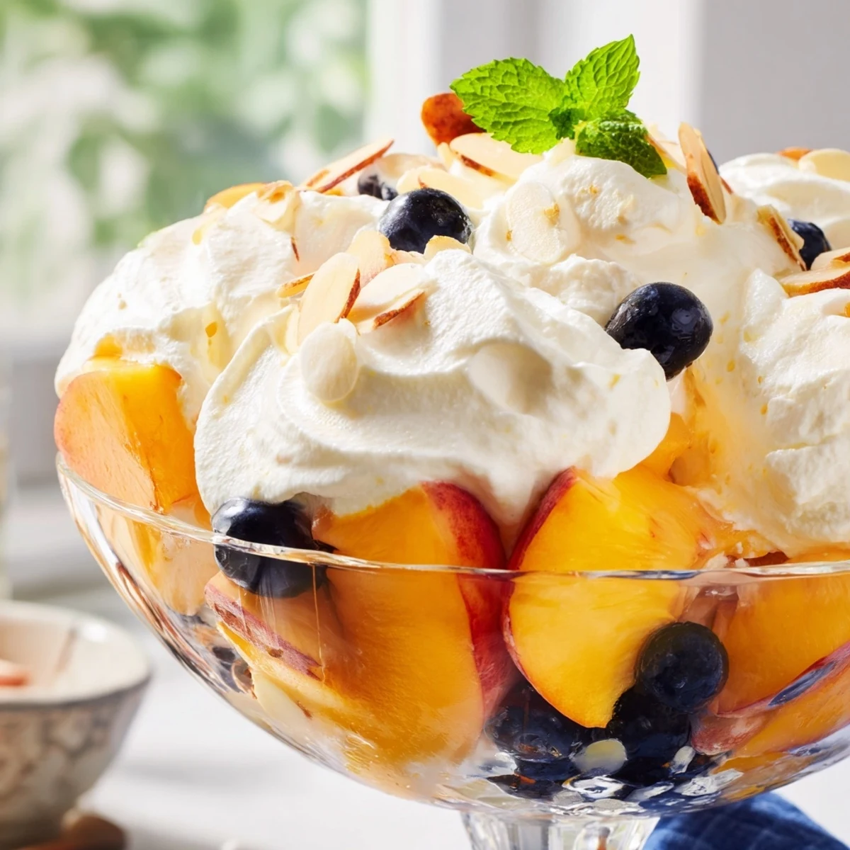 Creamy peaches and cream salad layered with fresh fruit and mint
