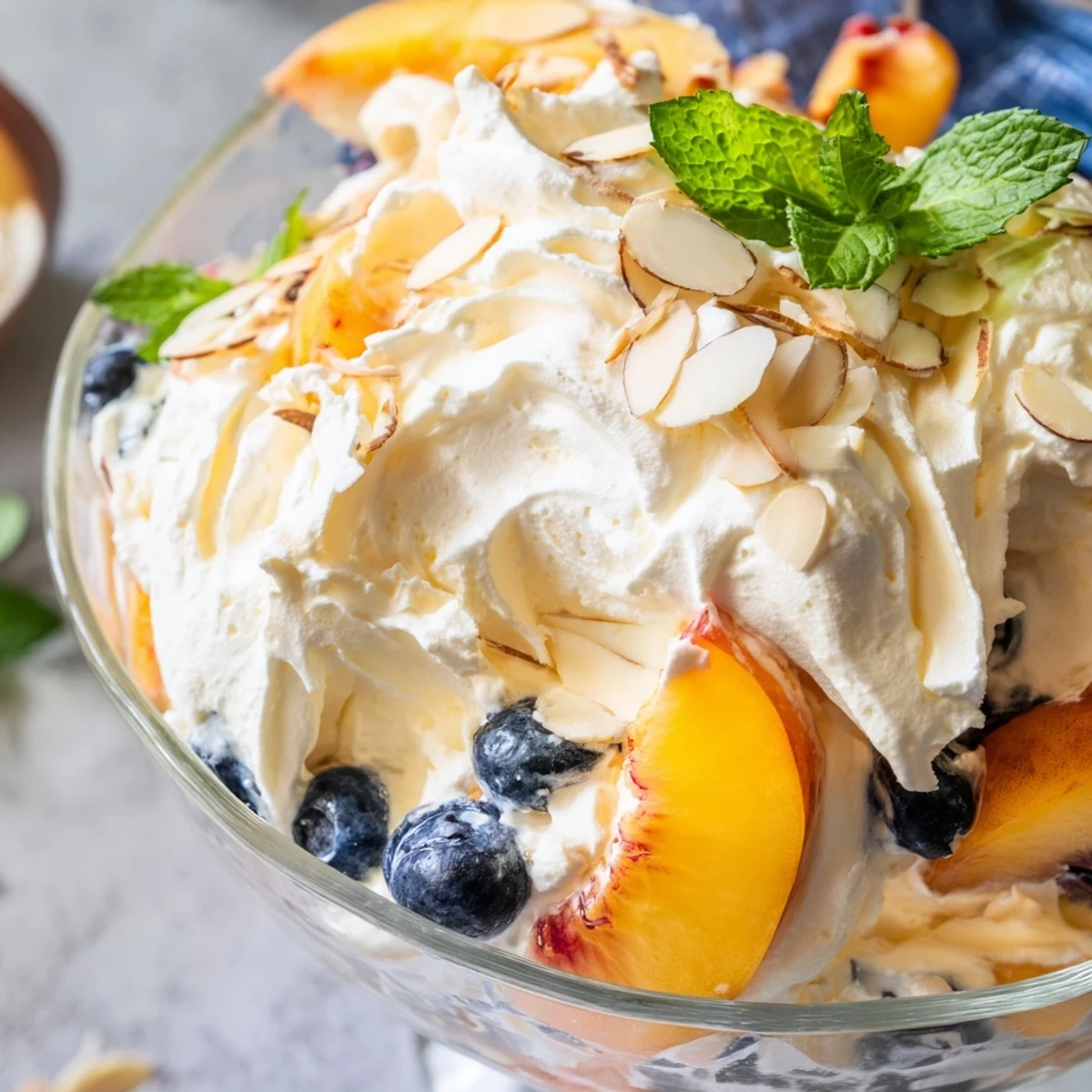 Chilled peaches and cream salad served in glasses with whipped topping