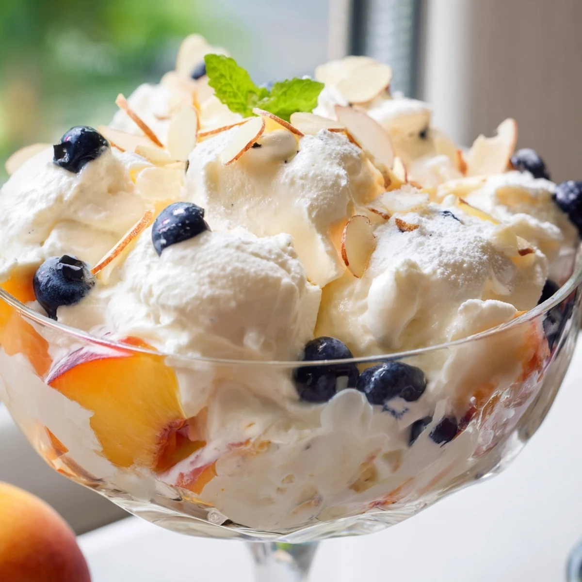 Juicy sliced peaches and cream salad topped with almonds and mint