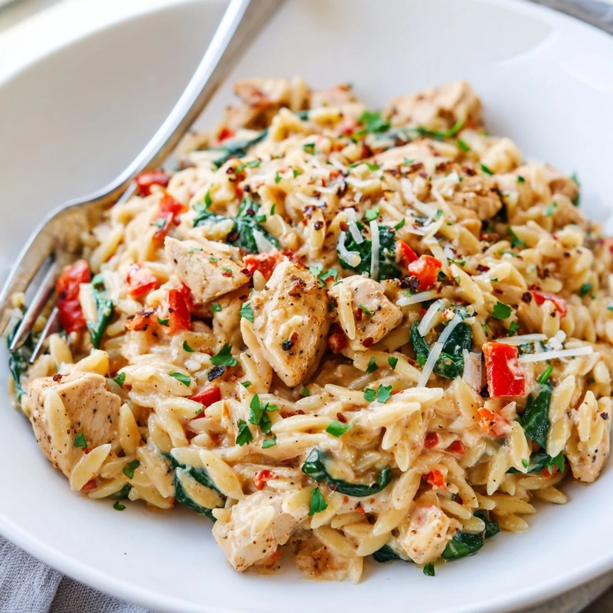 Creamy Cajun Chicken Alfredo Orzo in a skillet topped with fresh parsley
