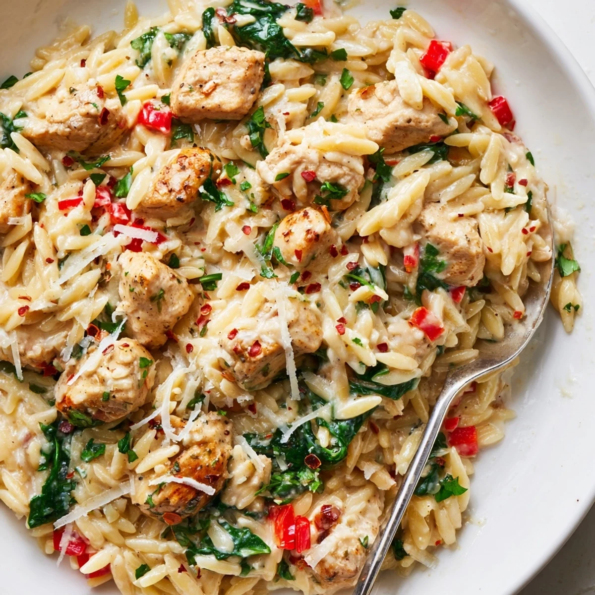 Steaming bowl of One Pot Cajun Chicken Alfredo Orzo with tender seared chicken