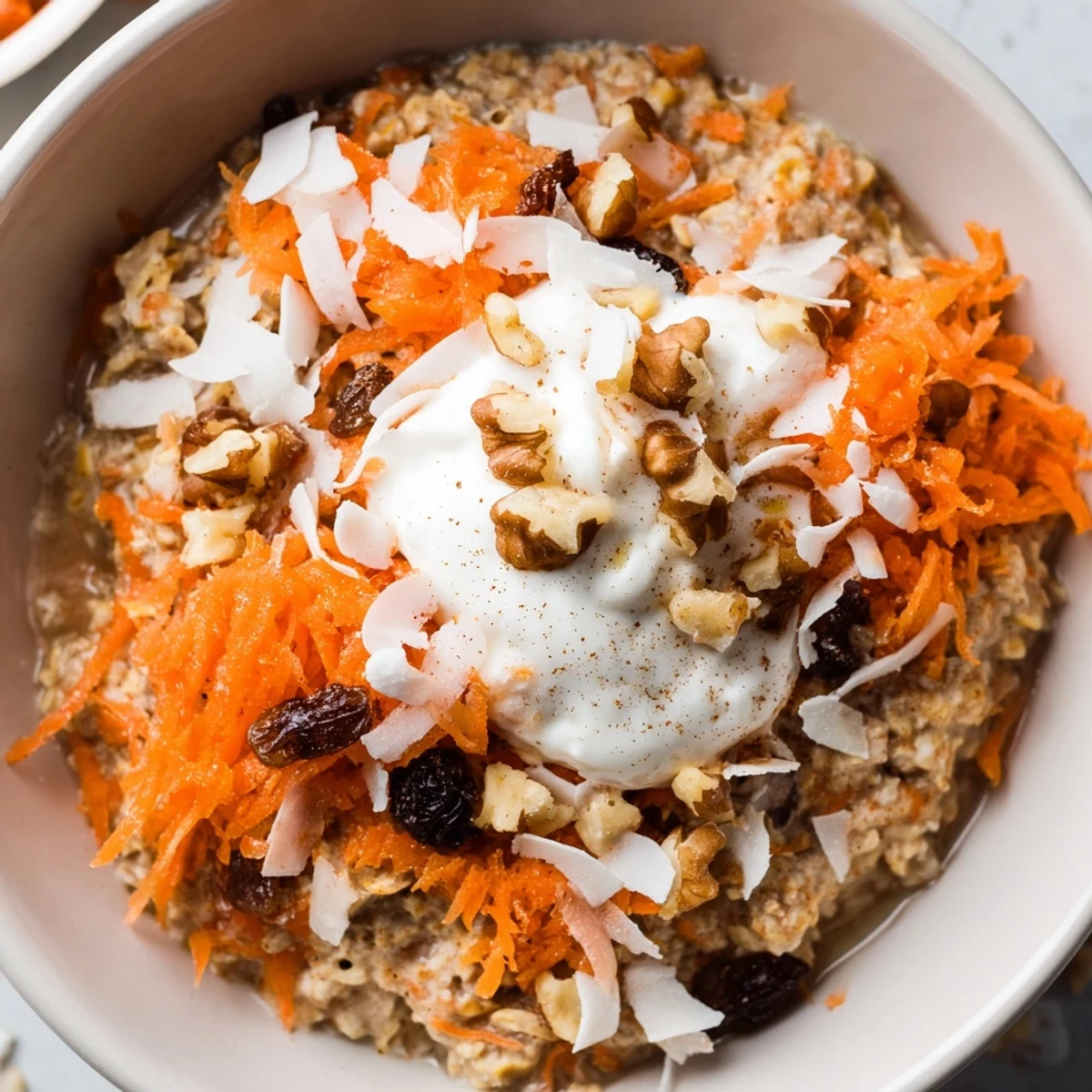 Creamy carrot cake overnight oats topped with grated carrots, walnuts, and raisins in a jar