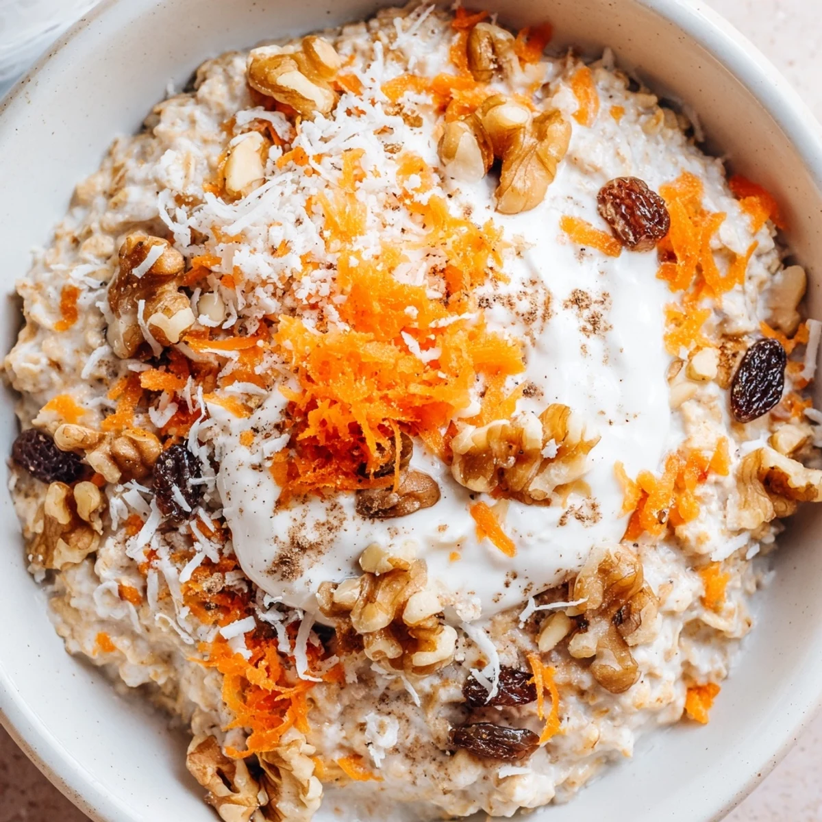 Thick spiced carrot cake overnight oats served chilled with a maple syrup drizzle