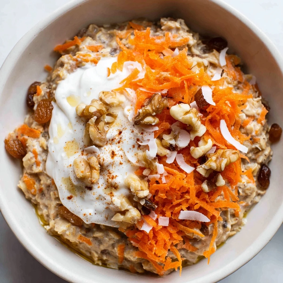 Layered carrot cake overnight oats in glass jars with yogurt, pecans, and coconut