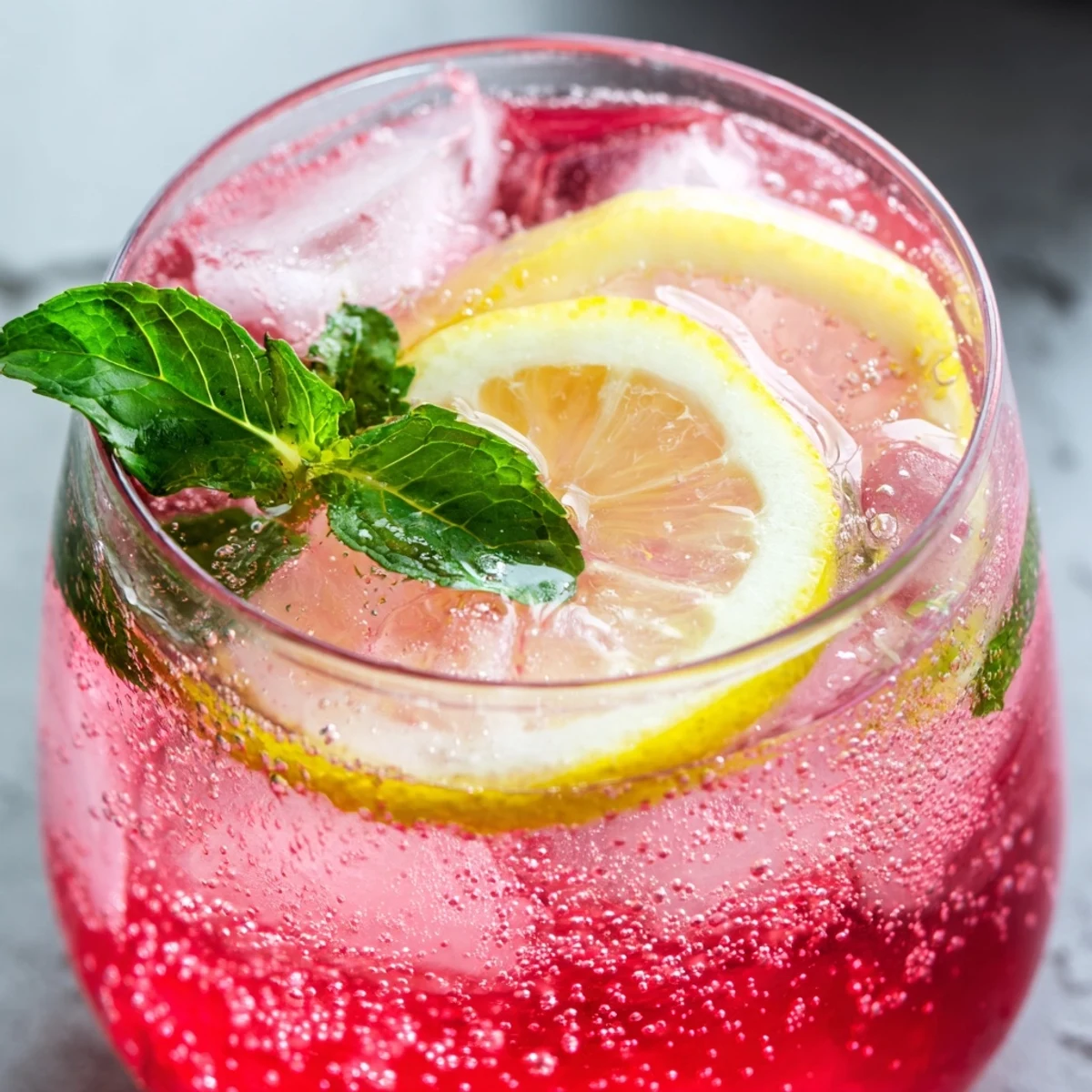 Glistening honey lemon pink soda in tall glasses with ice and fresh mint garnish