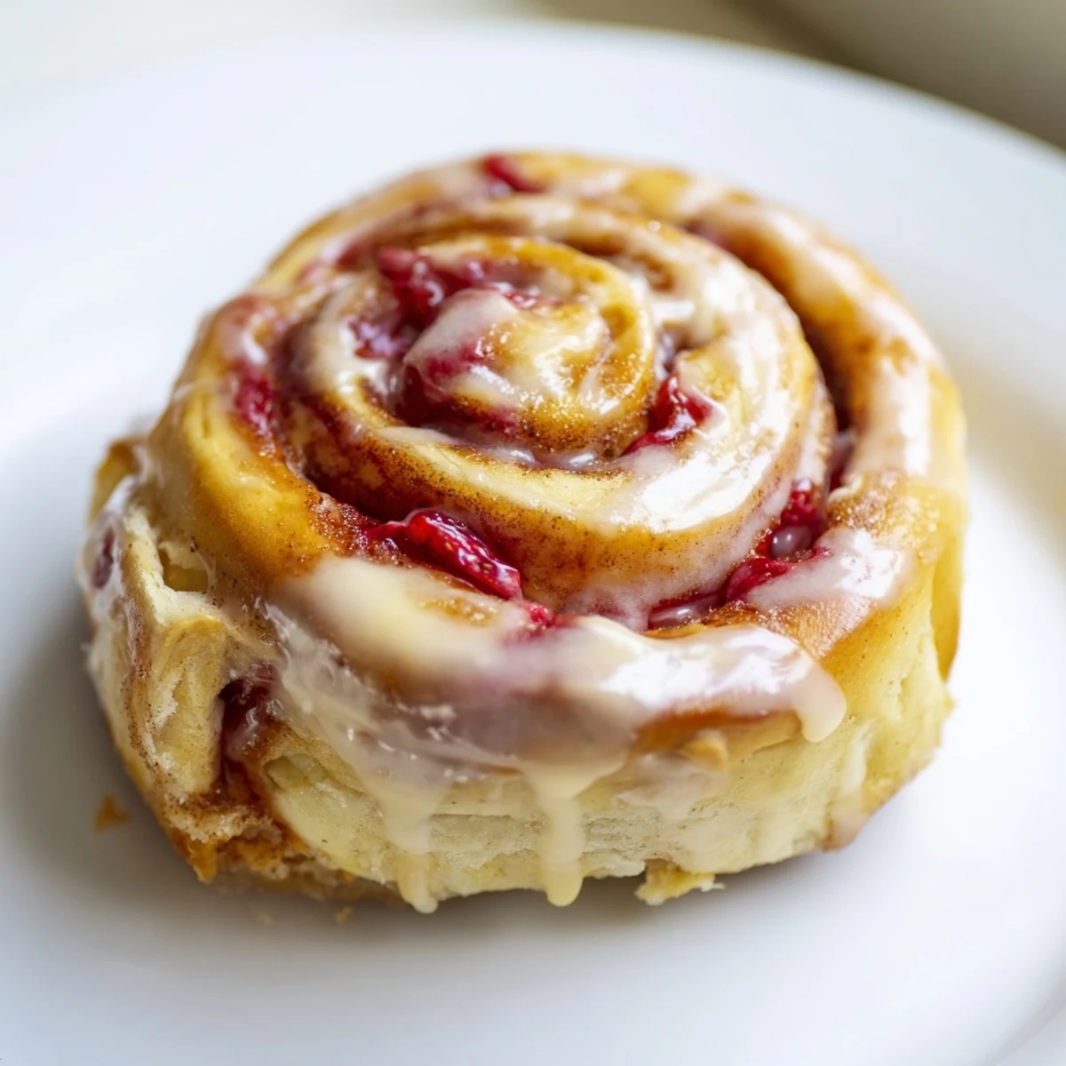 Golden strawberry cheesecake Cinnabon rolls drizzled with creamy vanilla glaze on a white plate