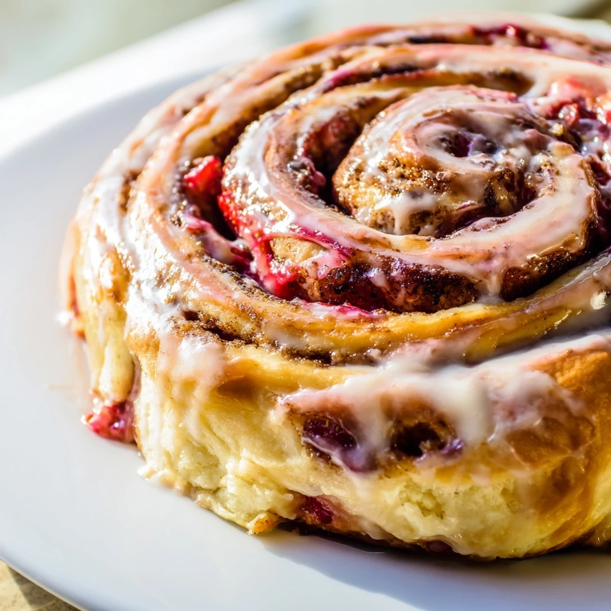 Fluffy cinnamon rolls swirled with cheesecake filling and fresh strawberries dripping with sweet glaze