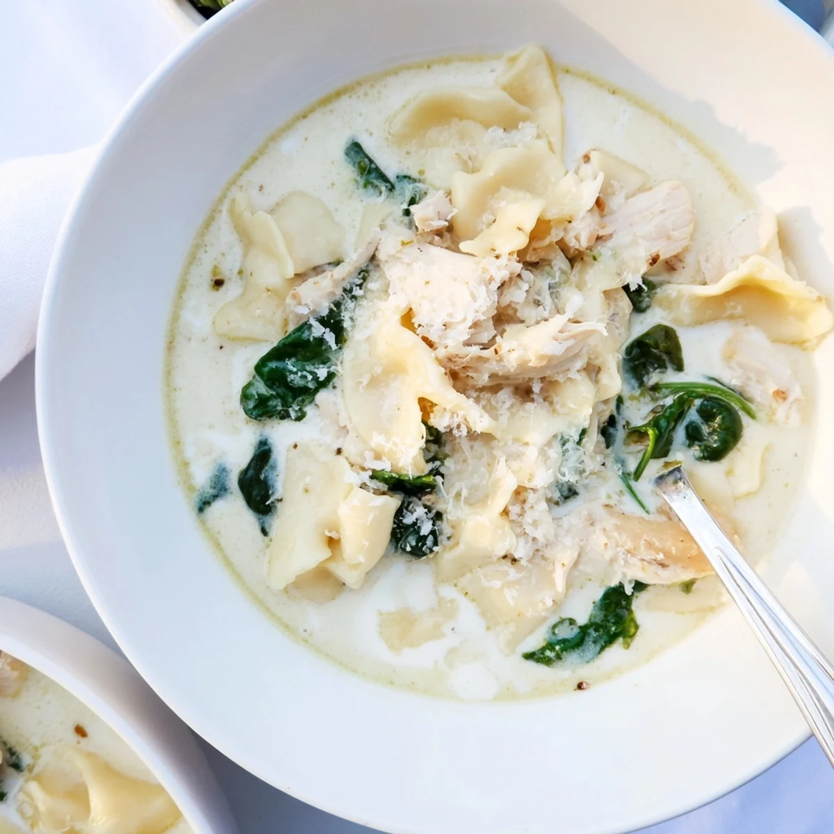 Steaming bowl of white lasagna soup topped with grated Parmesan and cracked pepper