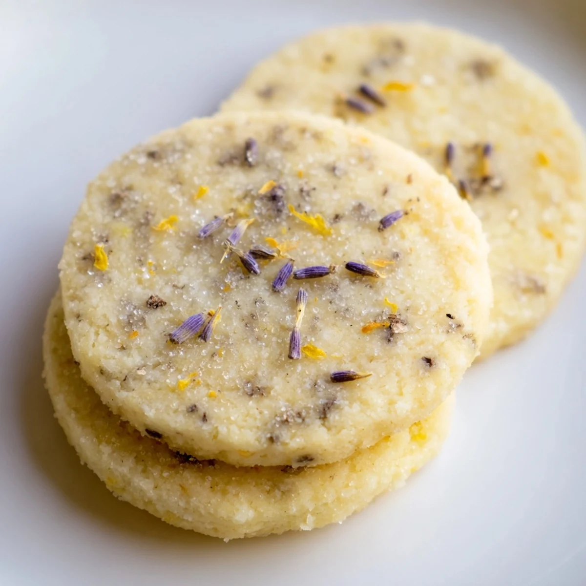 Soft lemon lavender cookies with golden edges arranged on a rustic white ceramic plate