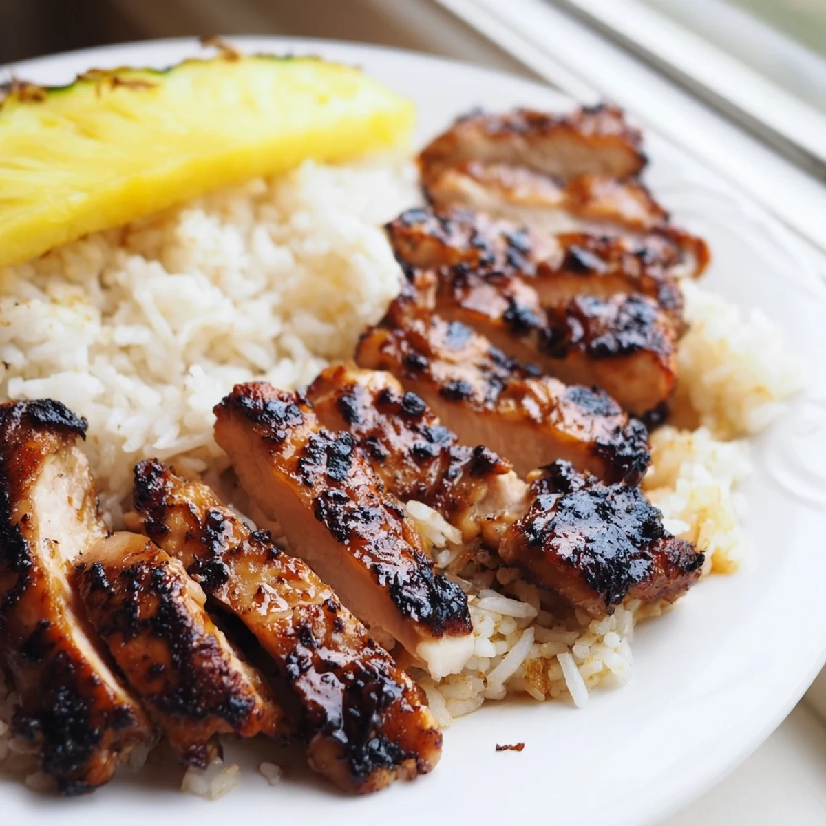 Golden glazed Hawaiian chicken coconut rice topped with fresh pineapple chunks and green onion garnish
