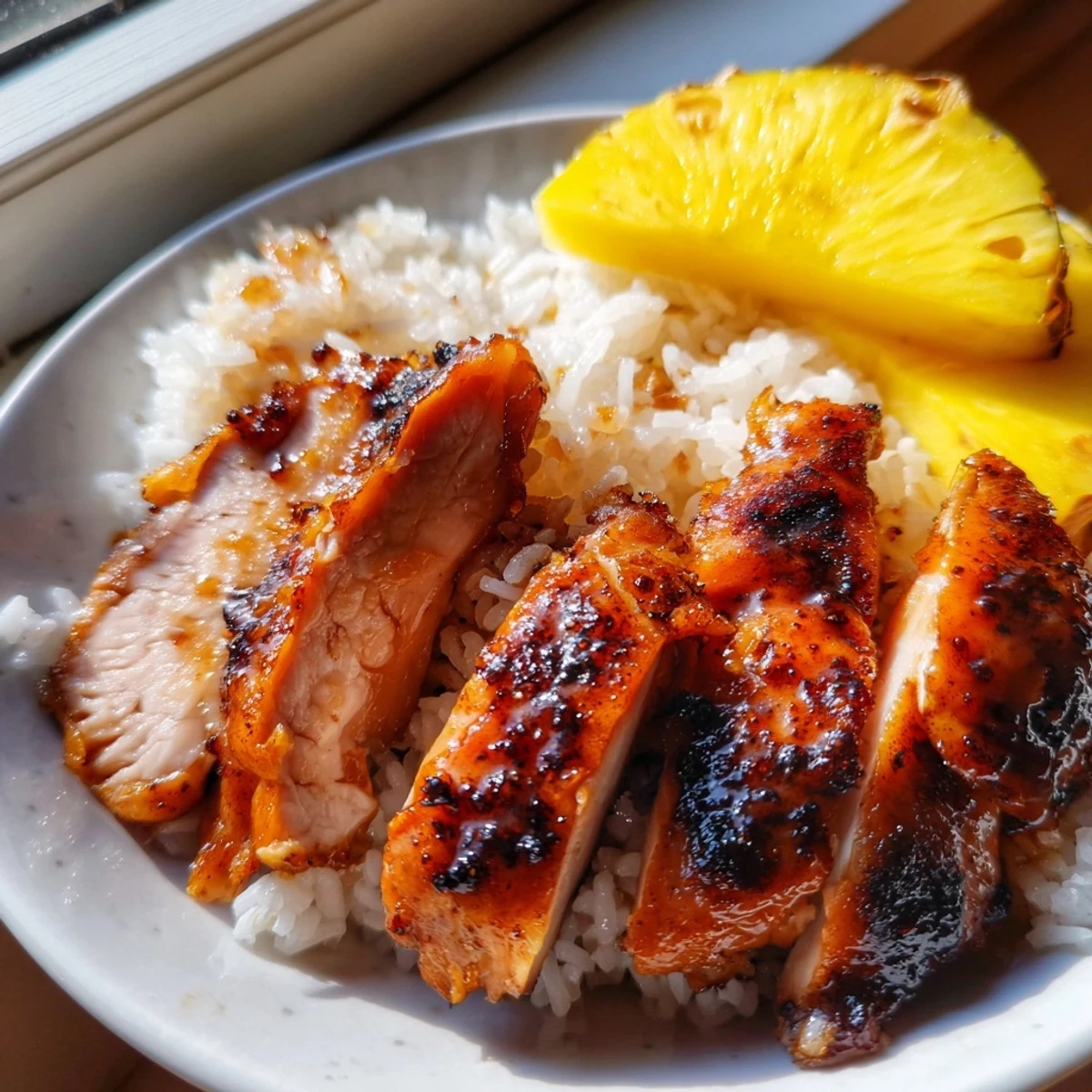 Tender caramelized Hawaiian chicken coconut rice in a white bowl with tropical pineapple and cilantro
