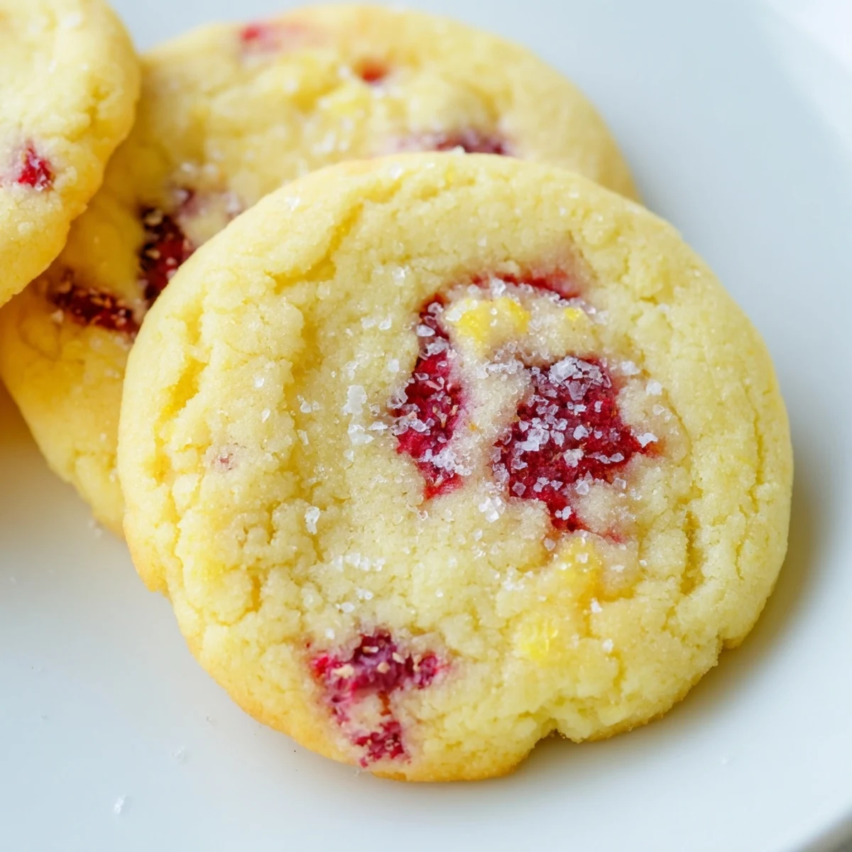 Soft Lemon Raspberry Cookies with golden edges and juicy berry bits on rustic parchment