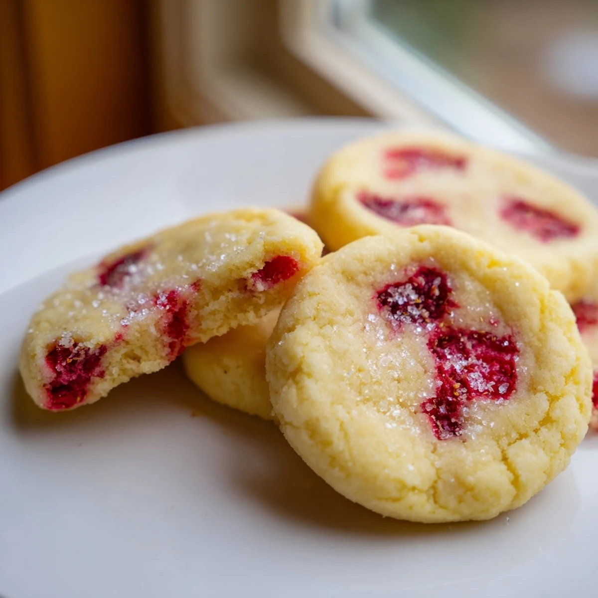 Chewy Lemon Raspberry Cookies dotted with bright red fruit and topped with coarse sugar
