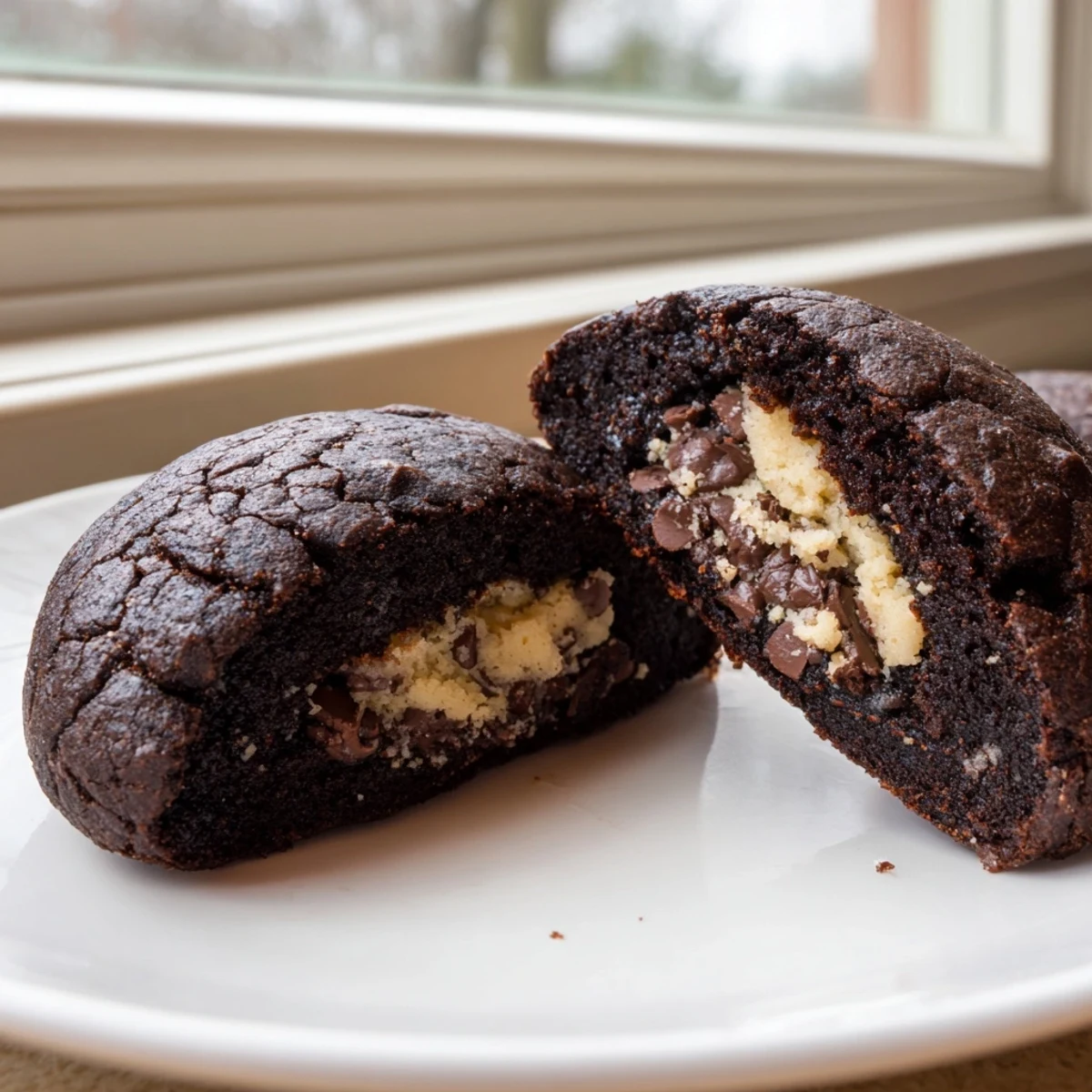 Fudgy brownie cookies stuffed with cookie dough on a rustic wooden serving board