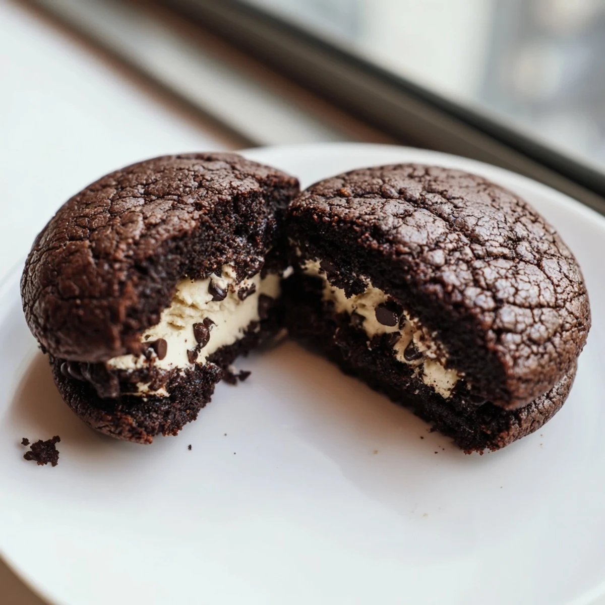 Crackly topped fudgy brownie cookies stuffed with cookie dough cooling on parchment paper