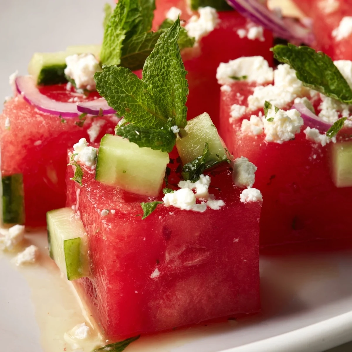 Colorful Watermelon Feta Salad with crisp cucumber and fresh mint on white plate