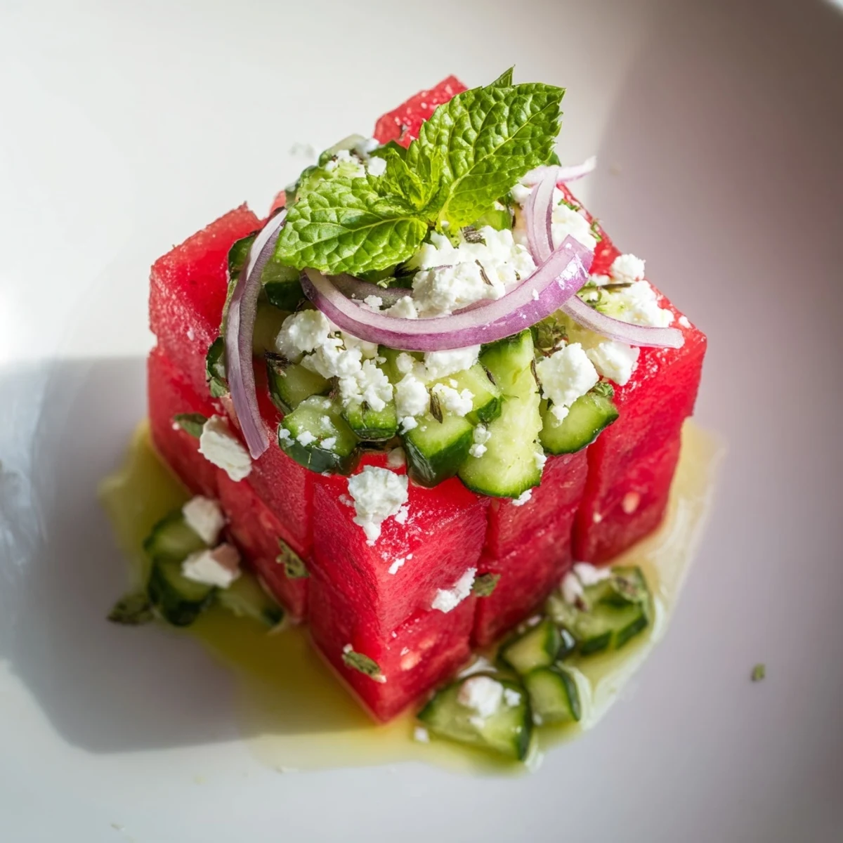 Refreshing Watermelon Feta Salad drizzled with lime dressing and sprinkled with crumbled cheese