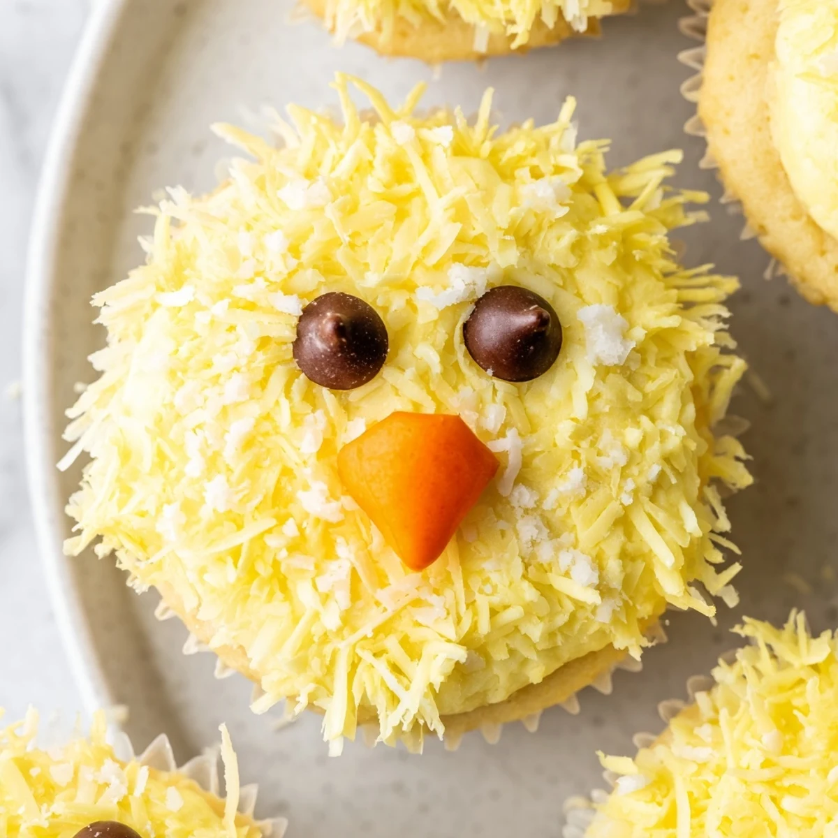 Adorable Easter Chick Cupcakes with fluffy yellow frosting and chocolate chip eyes on a spring dessert tray.