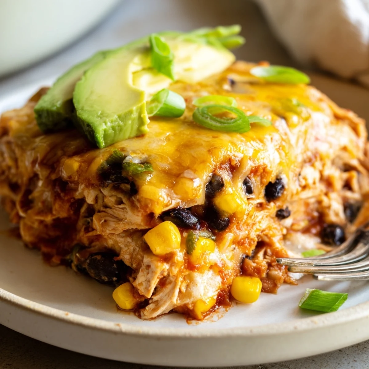 Warm cheesy shredded chicken enchilada bake casserole with melted cheese and colorful garnishes