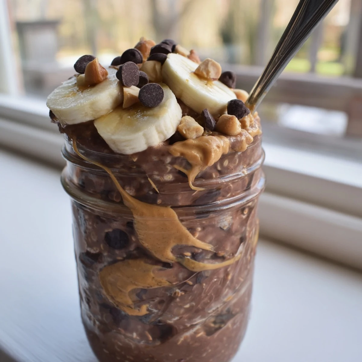 Creamy chocolate peanut butter overnight oats in a mason jar topped with chocolate chips and peanuts