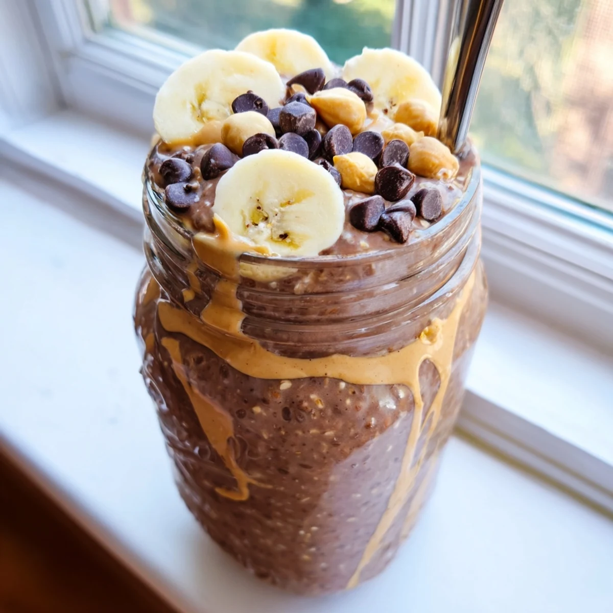 Thick chocolate peanut butter overnight oats served chilled with sliced bananas and crunchy peanut garnish