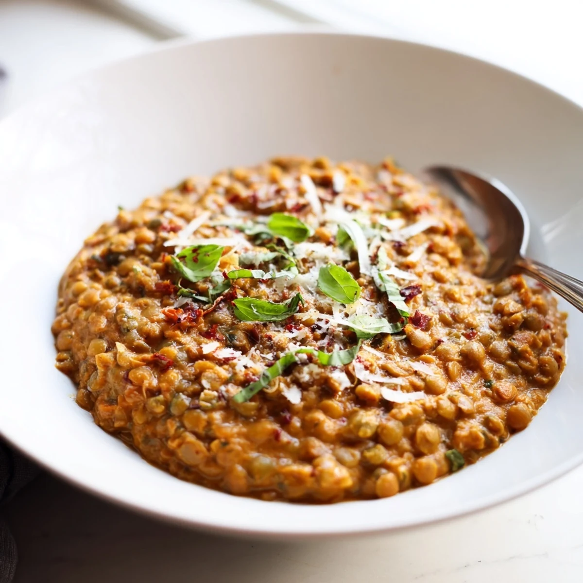 Creamy Marry Me Lentils in rich sun-dried tomato sauce topped with fresh basil garnish