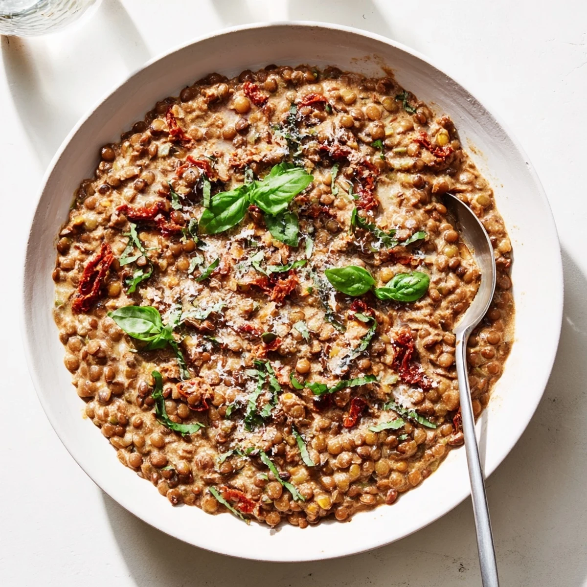 Warm bowl of Creamy Marry Me Lentils with melted Parmesan and tender green lentils