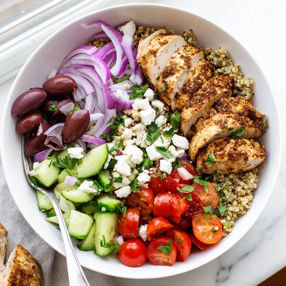 Grilled Mediterranean chicken quinoa bowl topped with crisp vegetables and creamy feta cheese